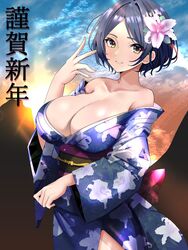  alternate_breast_size bare_shoulders blue_hair blue_kimono breasts cleavage collarbone female floral_print_kimono flower hair_flower hair_ornament hayami_kanade highres huge_breasts idolmaster idolmaster_cinderella_girls japanese_clothes kimono looking_at_viewer new_year obi parted_bangs sash shingi_(truth_fakesingi) short_hair smile solo sunrise yellow_eyes yukata 