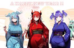  ! 2024 4girls :o absurdres ahoge aqua_eyes aqua_hair aqua_kimono batta_16-sei blue_eyes blue_hair blue_kimono blush chinese_zodiac crown dola_(nijisanji) double_bun dragon_horns elira_pendora finana_ryugu fins hair_between_eyes hair_bun hair_over_one_eye hand_on_own_hip happy_new_year head_fins head_wings heterochromia highres horns japanese_clothes kimono long_hair looking_at_viewer medium_hair multiple_girls nijisanji nijisanji_en oerba_yun_fang okobo pink_eyes pointy_ears purple_eyes purple_hair purple_kimono red_eyes red_hair red_kimono sandals selen_tatsuki signature skin_fang smile twintails virtual_youtuber wings year_of_the_dragon 