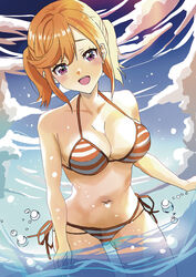  akiranakayama05 bare_arms bare_legs bare_shoulders bikini blush breasts cleavage cloud collarbone commentary_request cowboy_shot female highres large_breasts looking_at_viewer love_live! love_live!_superstar!! ocean open_mouth orange_hair outdoors purple_eyes shibuya_kanon short_hair side-tie_bikini_bottom smile solo striped_bikini striped_clothes swimsuit teeth upper_teeth_only wading 