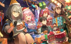  2boys 3girls :t absurdres animal_costume animal_hood antlers black_choker blue_eyes breasts brown_hair cake choker christmas christmas_tree commentary_request dan_heng_(honkai:_star_rail) dress eating fake_antlers food food_on_face fork fur-trimmed_dress fur-trimmed_headwear fur_trim gift glasses gloves hair_between_eyes hat highres himeko_(honkai:_star_rail) holding holding_food honkai:_star_rail honkai_(series) hood horns jacket long_sleeves march_7th_(honkai:_star_rail) march_7th_(preservation)_(honkai:_star_rail) medium_hair multiple_boys multiple_girls open_mouth pink_eyes pink_hair plate red_dress reindeer_antlers reindeer_costume reindeer_hood revision robizou_(robizou285) santa_dress santa_hat shirt sitting smile stelle_(honkai:_star_rail) trailblazer_(honkai:_star_rail) welt_yang white_shirt 