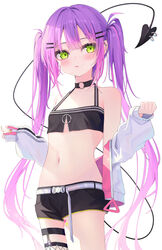  333shishishi333 absurdres belt black_choker black_shorts black_tank_top choker clothes_down commentary_request cowboy_shot crop_top demon_girl demon_tail ear_piercing female green_eyes hair_between_eyes hair_ornament hairclip hands_up highres hololive jacket legwear_garter light_blush lips long_hair multicolored_hair navel navel_piercing open_clothes open_jacket parted_lips piercing pink_hair purple_hair short_shorts shorts simple_background single_legwear_garter solo tail tail_ornament tail_piercing tank_top tokoyami_towa tokoyami_towa_(1st_costume) twintails very_long_hair virtual_youtuber white_background white_belt white_jacket 