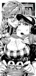  body_freckles braid breasts cleavage cleavage_cutout clothing_cutout collarbone freckles frown greyscale grimace_(mcdonald&#039;s) happy_meal highres ireading large_breasts long_hair long_sleeves looking_at_viewer mcdonald&#039;s medium_hair microphone monochrome mother_(yoru_mac) shirt short_sleeves smile smug sweatdrop visor_cap wendy&#039;s wendy_(wendy&#039;s) yoru_mac 