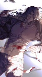  1boy abs alternate_costume bandaged_neck bandaged_torso bandaged_wrist bandages belt bishounen black_jacket blood blood_in_hair blood_on_bandages blood_on_clothes blood_on_face blood_on_mouth bullet facial_mark facial_tattoo grey_hair gun handgun highres injury jacket kiryu_kyosuke lying male_focus medium_hair midriff naoki_(2rzmcaizerails6) navel nosebleed on_back open_clothes open_jacket orange_eyes pants parted_lips purple_shirt shirt solo syringe tattoo toned toned_male upper_body weapon yu-gi-oh! yu-gi-oh!_5d&#039;s 