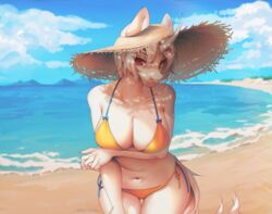  absurd_res anthro arm_under_breasts beach big_breasts bikini breasts cleavage clothed clothing curved_horn equid equine fan_character female fur hair hasbro hat headgear headwear hi_res horn looking_at_viewer mammal mashiro_sssinohu my_little_pony mythological_creature mythological_equine mythology navel red_eyes sea seaside shadow side-tie_bikini solo string_bikini summer_hat swimwear thigh_gap ultima_(oc) unicorn water white_body white_fur white_hair wide_brim_hat yellow_bikini yellow_clothing yellow_swimwear 