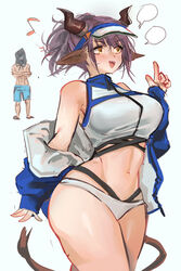  1boy absurdres animal_ears arknights bikini blank_speech_bubble blue_headwear blue_jacket blush breasts commentary cow_ears cow_girl cow_horns cow_tail cowboy_shot crop_top doctor_(arknights) female highres horns index_finger_raised jacket kaguura_(kagu) large_breasts male_doctor_(arknights) musical_note navel off_shoulder official_alternate_costume open_clothes open_jacket open_mouth purple_hair short_hair sideroca_(arknights) sideroca_(light_breeze)_(arknights) simple_background smile solo_focus speech_bubble standing stomach swimsuit tail thighs topless_male two-tone_headwear visor_cap white_background white_bikini white_headwear yellow_eyes 