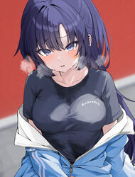  awnw black_shirt blue_archive blue_jacket blurry blurry_background blush breasts collarbone commentary_request female highres jacket long_hair looking_at_viewer medium_breasts official_alternate_costume official_alternate_hairstyle open_mouth partially_unzipped ponytail purple_eyes purple_hair shirt short_sleeves solo star_(symbol) sweat sweat_stain track_jacket twitter_username yuuka_(blue_archive) yuuka_(track)_(blue_archive) 