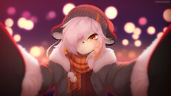  16:9 anthro clothed clothing digital_media_(artwork) eipril female fur hair happy headgear headwear hi_res holidays mammal mustelid musteline new_year smile solo stoat true_musteline weasel white_body white_fur white_hair widescreen winter_clothing yue_(eipril) 