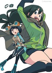  2girls :o alternate_color amatori_chika amatori_chika_(cosplay) arms_up asui_tsuyu asui_tsuyu_(cosplay) belt black_footwear black_gloves black_hair blue_bodysuit blue_footwear bob_cut bodysuit boku_no_hero_academia boots commentary_request cosplay costume_switch crossover flippers floating_hair gloves goggles goggles_on_head green_jacket grey_cloak hair_between_eyes hair_rings hands_up headphones headphones_around_neck inset jacket jumping knee_boots knees_together_feet_apart long_hair looking_at_viewer low-tied_long_hair mikumo_squad&#039;s_uniform multiple_girls ohhhhhhtsu open_mouth short_hair simple_background species_connection sweatdrop tongue tongue_out twitter_username white_background world_trigger 