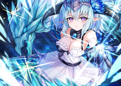  1other akami770 arm_behind_back bare_shoulders belt black_belt black_gloves blue_gemstone blue_hair breasts chest_guard cleavage detached_collar detached_sleeves dragon dragon_girl dragon_horns dress expressionless female filene_(shadowverse) flower frilled_dress frills from_above gem gloves granblue_fantasy hair_between_eyes hair_flower hair_ornament highres holding holding_weapon horns ice jewelry looking_at_viewer pointy_ears purple_eyes shadowverse short_dress short_hair solo_focus upper_body weapon white_dress 