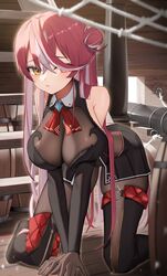  black_bodysuit black_footwear black_leotard bodysuit boots breasts cannon cleavage female hair_bun heterochromia highres hololive houshou_marine houshou_marine_(marching_band) large_breasts leotard long_hair looking_at_viewer multicolored_hair official_alternate_costume pink_hair red_eyes red_hair single_hair_bun streaked_hair thigh_boots thomas_8000 virtual_youtuber yellow_eyes 