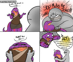  2023 4_fingers anon breaking_the_fourth_wall breasts clothed clothing duo_in_panel english_text eyebrows fangs female fingers grey_body group hi_res holidays human humor keeshee mammal ncs new_year open_mouth purple_body purple_tail reptile scalie snake snake_hood spots tail teeth text the_truth trio trio_in_panel 