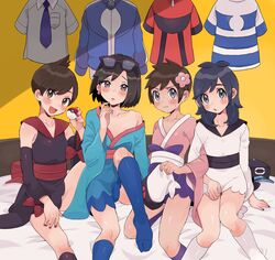  4boys :d :o black_hair black_nails blush brendan_(pokemon) brown_eyes brown_hair calem_(pokemon) closed_mouth commentary_request cosplay crossdressing detached_sleeves earrings elio_(pokemon) eyelashes eyewear_on_head feet_out_of_frame florian_(pokemon) flower foot_out_of_frame furisode furisode_girl_(pokemon) furisode_girl_(pokemon)_(cosplay) furisode_girl_blossom furisode_girl_blossom_(cosplay) furisode_girl_kali furisode_girl_kali_(cosplay) furisode_girl_katherine furisode_girl_katherine_(cosplay) furisode_girl_linnea furisode_girl_linnea_(cosplay) grey_eyes hair_flower hair_ornament hand_up hat highres holding holding_poke_ball indoors japanese_clothes jewelry kimono knee_up knees knees_together_feet_apart legs long_hair male_focus multiple_boys nail_polish no_shoes open_mouth pink_flower poke_ball poke_ball_(basic) pokemon pokemon_oras pokemon_sm pokemon_sv pokemon_xy sana_(37pisana) shiny_skin short_hair sitting smile socks sunglasses sweat toes unworn_hat unworn_headwear 