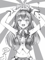  :d absurdres arms_up bare_arms bare_shoulders crop_top crown dot_nose english_text engrish_text female greyscale hair_between_eyes hair_ornament hairclip highres hololive light_blush looking_at_viewer midriff monochrome nanashi_(nlo) navel open_mouth ranguage simple_background smile solo speech_bubble star_(symbol) star_hair_ornament subaru_duck tokino_sora tokino_sora_(1st_costume) upper_body virtual_youtuber wrist_cuffs 