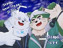  2023 4:3 anthro black_nose blush canid canine canis closed_eyes domestic_dog duo fireworks fur green_body harumuname hi_res holidays humanoid_hands kemono lifewonders live_a_hero male mammal mokdai new_year one_eye_closed outside overweight overweight_male white_body white_fur wink yohack 