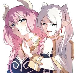  2girls aura_(sousou_no_frieren) bad_id bad_pixiv_id blush breasts earrings elf frieren green_eyes highres horns jewelry multiple_girls parted_bangs parted_lips pointy_ears simple_background sousou_no_frieren tongue twintails white_background white_hair yakisobaosu yuri 