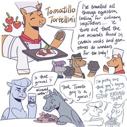  1:1 alternate_universe beverage chef chef_hat chef_uniform clothing container crossover cup duo earth_pony eating eating_food english_text equid equine feral food friendship_is_magic furniture group hasbro hat headgear headwear hi_res horse igneous_rock_(mlp) jojo&#039;s_bizarre_adventure josuke_higashikata male mammal maud_pie_(mlp) my_little_pony mythological_creature mythological_equine mythology okuyasu_nijimura pegasus pompadour ponification pony regularcitrus rock smile table text tongue tongue_out tonio_trussardi trio wings 