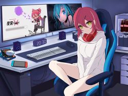  chair cola female gaming_chair headphones highres hololive hololive_china hood hoodie luochao0524 minifridge nintendo_switch swivel_chair virtual_youtuber white_hoodie yogiri_(hololive) 