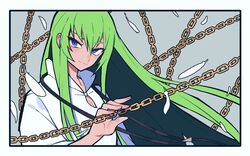  1other androgynous blue_eyes chains enkidu_(fate) fate/strange_fake fate_(series) feathers green_hair hacco_mayu highres long_hair long_sleeves looking_at_viewer robe smile solo very_long_hair white_robe 