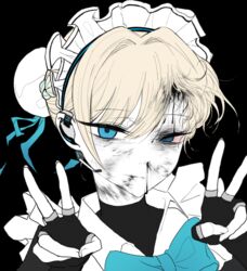  apron black_background black_blood black_shirt blonde_hair blood blue_archive blue_eyes bow bowtie bruise bruised_eye bun_cover closed_mouth double_v female fingerless_gloves gloves hair_bun half-closed_eyes hands_up headset highres injury looking_at_viewer maid_apron maid_headdress microphone nosebleed ryona shironism shirt short_hair solo toki_(blue_archive) v 