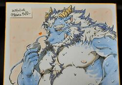  1boy aqua_skin bara beard chest_tuft chinese_zodiac colored_pencil_(medium) cup dated dragon_boy dragon_horns facial_hair fat fat_man full_beard furry furry_male heart highres horns huge_eyebrows kano_(kano_to10) large_pectorals licking_lips long_hair long_mustache male_focus mature_male moustache multicolored_hair nude pectorals photo_(medium) qinglong_(housamo) sakazuki shikishi solo thick_beard tokyo_afterschool_summoners tongue tongue_out traditional_media two-tone_beard two-tone_hair upper_body wet year_of_the_dragon 