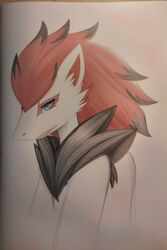  2:3 anthro blue_eyes bust_portrait canid canine detailed detailed_fur dipstick_hair dreamdragon89 female fur generation_5_pokemon hair hi_res mammal multicolored_hair nintendo pokemon pokemon_(species) portrait simple_background solo traditional_media_(artwork) two_tone_hair zoroark 