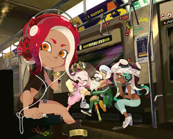  1boy 3girls agent_8_(splatoon) beard cap&#039;n_cuttlefish cha_kuro_(limo) crown dark-skinned_female dark_skin facial_hair glasses graffiti green_jacket green_pants headphones holding holding_microphone inkling jacket marina_(splatoon) microphone midriff multiple_girls music navel octoling octoling_girl octoling_player_character orange_eyes pants pearl_(splatoon) pointy_ears red_hair shirt signature singing sitting smile splatoon_(series) splatoon_2 splatoon_2:_octo_expansion tentacle_hair train_interior white_facial_hair white_footwear white_shirt 