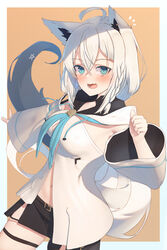  :d ahoge animal_ears aqua_eyes black_shorts blue_neckerchief blush braid breasts clenched_hand commentary_request cowboy_shot earrings female fox_ears fox_girl fox_tail front_slit hair_between_eyes hand_up highres hololive hood hooded_vest hoodie jewelry long_hair long_sleeves looking_at_viewer lower_teeth_only medium_breasts midriff_peek navel neckerchief oerba_yun_fang outstretched_arm pentagram shirai_yu shirakami_fubuki shirakami_fubuki_(1st_costume) short_shorts shorts side_braid sidelocks single_earring skin_fang smile solo strapless tail teeth thigh_strap thighs vest virtual_youtuber white_hair white_sleeves wide_sleeves 