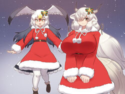  2girls animal_ears bird_girl bird_tail bird_wings black-tailed_gull_(kemono_friends) black_hair blonde_hair blush breasts brown_eyes curvy dress extra_ears grey_hair hair_between_eyes hair_over_one_eye head_wings highres horns huge_breasts kemono_friends kemono_friends_3 long_hair looking_at_viewer mo23 multicolored_hair multiple_girls open_mouth ox_ears ox_girl ox_horns pantyhose ribbon santa_dress smile tail twintails very_long_hair white_hair wings yak_(kemono_friends) yellow_eyes 