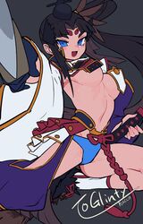  armor black_hair blue_eyes blue_panties breast_curtains breasts detached_sleeves fate/grand_order fate_(series) feather_hair_ornament feathers female hacco_mayu hair_bun hair_ornament hat highres japanese_armor katana linea_alba long_hair looking_at_viewer medium_breasts navel open_mouth panties parted_bangs revealing_clothes showgirl_skirt side_ponytail sidelocks single_side_bun smile solo sword thighs underwear ushiwakamaru_(fate) very_long_hair weapon wide_sleeves 