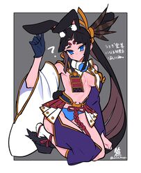  animal_ears armor asymmetrical_sleeves black_hair blue_eyes blue_panties breast_curtains breasts detached_sleeves fake_animal_ears fate/grand_order fate_(series) feather_hair_ornament feathers female hacco_mayu hair_bun hair_ornament highres japanese_armor kneeling linea_alba long_hair looking_at_viewer medium_breasts mismatched_sleeves panties parted_bangs platform_footwear rabbit_ears revealing_clothes showgirl_skirt side_ponytail sidelocks single_side_bun solo translation_request underwear ushiwakamaru_(fate) very_long_hair wide_sleeves 