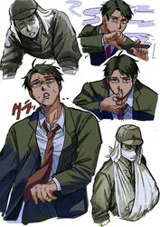  1boy arm_sling bags_under_eyes blood blood_on_hands cigar cigarette collared_shirt commentary_request constricted_pupils exhausted flashback furrowed_brow gegege_no_kitarou green_eyes green_hair green_jacket hand_up hat highres holding holding_cigar imperial_japanese_army jacket kitarou_tanjou:_gegege_no_nazo long_sleeves looking_at_viewer male_focus military_hat mizuki_(gegege_no_kitarou) multiple_views necktie nosebleed red_necktie saba_ichimi sanpaku scar scar_across_eye shirt short_sleeves simple_background smoke spoilers suit suit_jacket sweat white_background white_shirt wide-eyed wiping_mouth 