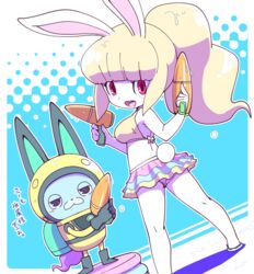  animal_ears bikini blonde_hair blush breasts colored_skin female helmet high_ponytail long_hair looking_at_viewer looking_back nollety open_mouth ponytail rabbit_ears rabbit_girl rabbit_tail red_eyes snowrabby spacesuit swimsuit tail translation_request usapyon white_skin youkai_(youkai_watch) youkai_watch 