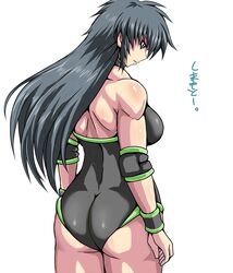  ass back black_hair black_wristband blue_eyes breasts elbow_pads female highres large_breasts long_hair looking_down muscular muscular_female original retro_artstyle shiny_skin simamoto_utako solo spiked_hair taroimo_(00120014) translation_request wedgie white_background wide_hips wrestling 