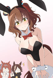  3girls animal_ears aston_machan_(umamusume) bare_shoulders black_leotard blush bow bowtie breasts brown_hair cleavage commentary_request cowboy_shot crown daiwa_scarlet_(umamusume) detached_collar green_eyes hair_between_eyes horse_ears horse_girl large_breasts leotard multicolored_hair multiple_girls nel-c pink_background playboy_bunny red_bow red_bowtie red_hair simple_background smile strapless strapless_leotard streaked_hair thighhighs tilted_headwear umamusume vodka_(umamusume) white_hair white_thighhighs wrist_cuffs 