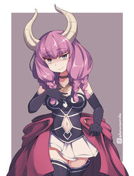  aura_(sousou_no_frieren) black_gloves black_thighhighs braid breasts brown_background bustier clothing_cutout collarbone elbow_gloves female gloves grey_eyes hand_up horns kuromiya long_hair medium_breasts navel navel_cutout one-hour_drawing_challenge parted_lips pink_hair pleated_skirt skirt solo sousou_no_frieren thighhighs twitter_username two-tone_background white_background white_skirt 