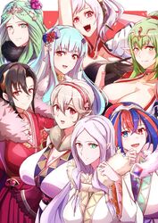  6+girls absurdres alear_(female)_(fire_emblem) alear_(fire_emblem) alternate_costume black_gloves black_hair blue_eyes blue_hair blush breasts cleavage commentary corrin_(female)_(fire_emblem) corrin_(fire_emblem) crossed_bangs fire_emblem fire_emblem:_the_blazing_blade fire_emblem:_three_houses fire_emblem_awakening fire_emblem_engage fire_emblem_fates flower fur_trim gloves green_eyes green_hair grima_(fire_emblem) hair_between_eyes hair_flower hair_ornament heterochromia highres huge_breasts hydrangea idunn_(fire_emblem) japanese_clothes kimono large_breasts looking_at_viewer multicolored_hair multiple_girls nel_(fire_emblem) ninian_(fire_emblem) open_mouth pointy_ears ponytail red_eyes red_hair rhea_(fire_emblem) robin_(female)_(fire_emblem) robin_(fire_emblem) smile split-color_hair symbol-only_commentary tiara tiki_(adult)_(fire_emblem) tiki_(fire_emblem) to_(tototo_tk) two-tone_hair white_hair 