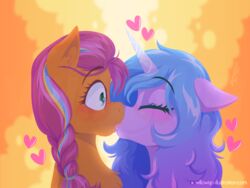  2023 4:3 blue_hair digital_media_(artwork) duo earth_pony equid equine eyebrow_through_hair eyebrows eyelashes female female/female feral fur hair hasbro heart_symbol hi_res horn horse izzy_moonbow_(mlp) kiss_on_lips kissing mammal mlp_g5 my_little_pony mythological_creature mythological_equine mythology narrowed_eyes orange_body orange_fur pony ponytail purple_body purple_fur purple_hair quadruped romantic romantic_ambiance romantic_couple sunny_starscout_(mlp) surprise_kiss teal_eyes translucent translucent_hair unicorn willoillo 