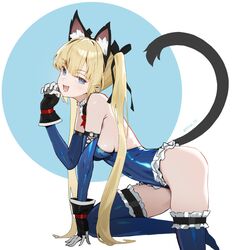  :d animal_ear_fluff animal_ears black_gloves black_ribbon blonde_hair blue_background blue_eyes blue_leotard blue_thighhighs breasts cat_ears cat_tail commentary dead_or_alive fake_animal_ears fake_tail female frilled_thighhighs frills gloves hair_ribbon kneeling leotard long_hair looking_at_viewer marie_rose marie_rose_(devilish_servant_against_the_splashing_waves) medium_breasts open_mouth ribbon siino smile solo tail thighhighs twintails two-tone_background white_background 