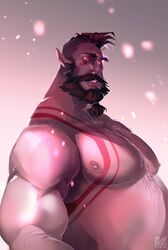  1boy back_hair bara beard belly colored_sclera colored_skin commission facial_hair full_beard grey_skin hairy large_pectorals looking_at_viewer looking_to_the_side male_focus mohawk monster_boy moustache muscular muscular_male nipples nude original pectorals pejnt_(pejntboks) plump pointy_ears red_sclera short_hair solo sparse_arm_hair sparse_chest_hair thick_beard thick_eyebrows thick_mustache tied_beard undercut upper_body 