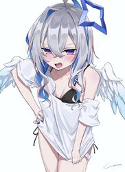  alternate_costume amane_kanata angel_wings annoyed black_bra blue_nails blush bottomless bra clothes_tug colored_inner_hair female glaring grey_hair hair_between_eyes half-closed_eyes halo hand_on_own_hip highres hololive leaning_forward looking_at_viewer loose_clothes loose_shirt multicolored_hair no_pants off_shoulder open_mouth shirt shirt_tug sidelocks signature single_bare_shoulder single_hair_intake solo star_halo streaked_hair underwear v-shaped_eyebrows virtual_youtuber wavy_hair white_background white_shirt wings yo_na 