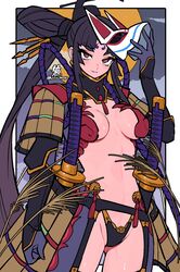  absurdres armor black_hair black_hat breasts facial_mark fate/grand_order fate_(series) female forehead_mark fox_mask full_moon garter_belt hacco_mayu hair_bun hat highres japanese_armor katana kote large_breasts long_hair long_sleeves looking_at_viewer mask moon multicolored_eyes navel night night_sky orange_eyes parted_bangs purple_eyes revealing_clothes shoulder_armor side_ponytail sidelocks single_side_bun sky sode solo suneate sword taira_no_kagekiyo_(fate) tassel unworn_mask ushiwakamaru_(fate) very_long_hair weapon 