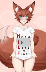  2023 animal_humanoid blue_eyes blush bottomless bottomless_female bottomless_humanoid breasts brown_body brown_fur brown_hair canid canid_humanoid canine canine_humanoid clothed clothing clothing_pull collarbone covering covering_self cute_fangs embarrassed female fluffy fluffy_tail fox_humanoid front_view fur hair hi_res humanoid light_body light_skin looking_down mammal mammal_humanoid mouth_closed shirt shirt_only shirt_pull shirt_tug short_hair solo tail text text_on_clothing text_on_shirt text_on_topwear topwear topwear_only topwear_pull twrlare white_clothing white_shirt white_topwear 