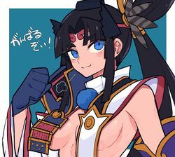  armor black_hair blue_eyes breast_curtains breasts detached_sleeves fate/grand_order fate_(series) feather_hair_ornament feathers female gloves hacco_mayu hair_bun hair_ornament hat highres japanese_armor long_hair looking_at_viewer medium_breasts parted_bangs revealing_clothes side_ponytail sideboob sidelocks single_side_bun smile solo translated ushiwakamaru_(fate) very_long_hair wide_sleeves 