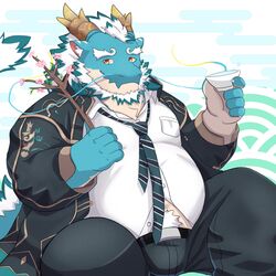  1boy absurdres aqua_skin bara beard belly branch bulge cherry_blossoms cup dragon_boy dragon_horns facial_hair feet_out_of_frame full_beard furry furry_male highres holding holding_branch holding_cup horns huge_eyebrows light_smile long_mustache male_focus mature_male moustache multicolored_hair nyaoru_(ruoain) oerba_yun_fang partially_unbuttoned plump qinglong_(housamo) sakazuki sitting skin_fang solo spread_legs thick_beard thick_navel_hair tokyo_afterschool_summoners two-tone_beard two-tone_hair 