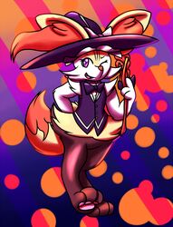  2016 ambiguous_gender anthro big_ears black_ribbon braixen clothed clothing female_(lore) full-length_portrait fur generation_6_pokemon gradient_background hair_braid hat headgear headwear holding_object holding_stick inika-xeathis inner_ear_fluff marisa_kirisame multicolored_body nintendo partially_clothed pawpads paws pokemon pokemon_(species) portrait purple_eyes red_body red_fur red_nose ribbons simple_background solo standing stick tail touhou tuft two_tone_body two_tone_tail wearing_hat white_ribbon witch_costume witch_hat yellow_body yellow_fur 