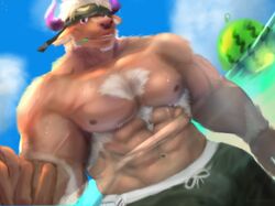  1boy abs absurdres animal_ears bara beckoning brown_fur camouflage camouflage_headwear chest_hair cow_ears cow_horns dutch_angle facial_hair furry furry_male goatee headband highres horns large_pectorals looking_at_viewer male_focus minotaur muscular muscular_male nipples outstretched_hand partially_underwater_shot pectorals purple_eyes purple_horns seductive_smile shennong_(housamo) shira_taki short_hair smile solo strongman_waist tokyo_afterschool_summoners white_hair 