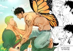  2boys abs alcohol antennae arm_tattoo arthropod_boy back_tattoo bara bare_pectorals barefoot black_sclera blue_sky bottle boy_on_top butterfly_boy butterfly_wings chest_tattoo coat colored_sclera day earrings eye_contact eyeliner facial_hair field finger_tattoo flower flower_field from_side goatee green_coat green_hair hand_tattoo haramaki highres holding holding_bottle insect_wings jewelry korean_text licking licking_another&#039;s_face licking_another&#039;s_neck long_sideburns long_tongue looking_at_another makeup male_focus male_pubic_hair monster_boy monsterification multiple_boys muscular muscular_male musical_note navel nok_(nok_1) one_eye_closed one_piece outdoors pectorals profile pubic_hair pubic_hair_peek roronoa_zoro scar scar_across_eye scar_on_chest scar_on_face short_hair shoulder_tattoo sideburns sky speech_bubble tattoo thought_bubble tongue topless_male trafalgar_law translated wings 