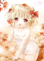  animal_ears blonde_hair blush bow breasts cowboy_shot dog_ears dog_girl dog_tail female hairbow highres holding holding_leaf leaf leaf_on_liquid looking_at_viewer maple_leaf moco_ofuton naked_towel open_mouth orange_eyes original short_hair small_breasts smile solo tail towel wading water water_drop wet 