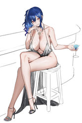  absurdres azur_lane backless_dress backless_outfit bare_shoulders blue_eyes blue_nails bracelet breasts cleavage cocktail_dress cocktail_glass cowl_neck crossed_legs cup dress drinking_glass eichi_(yashokuya) evening_gown female grey_dress grin halter_dress halterneck head_tilt highres huge_breasts jewelry looking_at_viewer necklace official_alternate_costume pink_eyes plunging_neckline revealing_clothes side_ponytail silver_dress silver_footwear sitting smile solo st._louis_(azur_lane) st._louis_(luxurious_wheels)_(azur_lane) stool thighs white_background wine_glass 