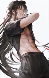  1boy abs absurdres black_hair black_pants black_shirt brown_eyes clothes_lift covering_own_mouth grin guilty_challenge_(meme) hair_ribbon hand_over_own_mouth hand_under_clothes hand_under_shirt highres long_hair looking_at_viewer male_focus meme modao_zushi pants ponytail red_ribbon ribbon shirt shirt_lift simple_background smile stomach sun_symbol sweatpants tan toned toned_male very_long_hair wei_wuxian white_background young57440489 